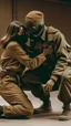 Placeholder: A man wearing khaki soldier's clothes with a black face mask , Holding a woman from her hair down to the ground .brutal non human act