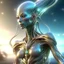 Placeholder: gorgeous female humanoid alien, slender muscular warrior, looking over shoulder at the sky, tentacles, coper zinc orichalcum jewelry and piercings, beautiful face, mesmerizing starry eyes, smooth translucent skin, hourglass, size DD.