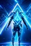 Placeholder: neon blue, floating triangle of light orbiting behind the back, cyber armor, geometric patterns on armor, male, orbiting triangle