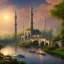 Placeholder: landscape, river, sun, mosque, no gold color, clouds, far view.