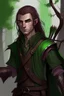 Placeholder: Male wood elf, rogue assassin, light brown skin, bright green eyes, mauve longish hair, all black leather, friendly, trees, stoner, long bow