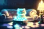 Placeholder: cute chibi fluffy beige bioluminescent cat playing chess sitting on a sofa next to a glowing tiffany lamp in a modern room