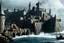 Placeholder: (photo of a movie by Ray Harryhausen) An epic, high res photo of Aethelgard, an impregnable fortified medieval port city. Massive dark stone walls rise directly from the churning ocean, fortified with bastions, turrets, and ramparts. Gothic spires and densely packed timber houses are clustered within. The protected harbor is filled with hundreds of medieval sailing vessels (carracks, cogs, caravels), the main entrance guarded by two massive sea towers and a heavy iron chain. Dramatic, stormy, t