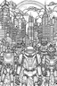 Placeholder: Picture of the RoboFriends celebrating in a futuristic cityscape. For coloring in book, thick lines,no background