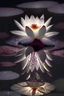 Placeholder: Glowing Burgundy and white lily pad flower at night, in pond, centered highly detailed, sharp focus.