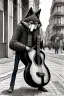 Placeholder: One single mature wolf, worn out clothes, playing guitar in the street , Vienna, mourning, model style, hyper realistic, extremely accurate, delicate, extremely detailed, Graphic novel style, wide-angle, open aperture, superfine pencil