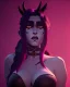 Placeholder: art of a short Succubus women with small black ram horns and deep red hair and green eyes, soft lighting, complimentary pastel gradients, high definition, 3d icon clay render, blender 3d