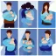 Placeholder: full view, flattened vector image icon of a photographer holding a baby in a bundle, dark blue and light blue color palette, transparent background.