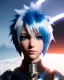 Placeholder: smirking Cyborg anime warrior, light blue hair, short and messy hairstyle, pierced ears, vivid blue eyes, waist up portrait, 8k resolution, intricate details, ornate details, soft lighting, vibrant colors, retroanime, masterpiece, intricate eyeliner, dark eyeshadow, eyes, intricate tattoos, futuristic cityscape background