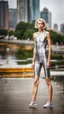 Placeholder: beautiful anorexic asian girl, total shot, shiny silver triathlon swimsuit, short blond wavy bob hair, blurred city background