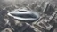 Placeholder: a photorealistic silver spaceship shaped like a sleek car flying over a ruined city