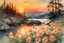 Placeholder: Amazing beautiful sunset, flowers, rocks, mountains, trees, epic, winslow homer watercolor paintings