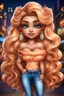 Placeholder: create an airbrush illustration of a chibi cartoon curvy polynesian female wearing Tight blue jeans and a peach off the shoulder blouse. Prominent make up with long lashes and hazel eyes. She is wearing brown feather earrings. Highly detailed long blonde shiny wavy hair that's flowing to the side. Background of a night club.