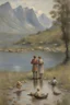 Placeholder: 2 boys, and one girl, near a lake in Norway, trowing small stones, 1400 century by Monet