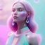 Placeholder: A portrait of a crystalised girl,smiling, laughting longs thin hairs blue, atmospheric, realistic,, cinematic lighting, octane render,, pink turquoise light, white skin, pink atmosphere, nice smile, jewels brillant