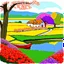 Placeholder: A colorful spring countryside landscape with a large tree with red blossoms in the foreground, a small village with thatched houses in the middle of the ground and a reservoir with a boat in the distance. In the background are magnificent flower fields in yellow, purple, red and orange colors. The scene has a warm color palette