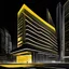 Placeholder: Ilustración minimalista de una edificio estilo Zaha Hadid en la ciudad arte nouveau neón lineal color negro blanco y amarillo calidad ultra fondo ciudad