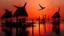 Placeholder: Large birds fly between long, fragile bamboo pillars that support dilapidated cabins in uncertain balance, over a calm sea where small fishing boats work, in an atmosphere of reddish sunset