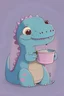 Placeholder: Cute flat animation of a dinasor, The dinasor is soft pink with cute eyes and a lovely look, without nostrils. The dinasor is a basic simple cartoon character With small hands, without many details, Without scales. The dinasoor is enjoing drinking tea from a blue cup. She is holding the cup with her hands.