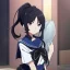 Placeholder: Clear focus, High resolution, short black fluffy hair, long locks, chopped bangs, pony tail, purple eyes, wearing a sailor uniform, (solo), anime screencap, pixel