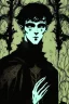 Placeholder: 17 year old boy, necromancer, friendly, looks dead, surrounded by weird smoke with eyes, wearing black robes, in the style of Harry Clarke