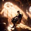 Placeholder: "In the center of the image, a person is seated on a comfortable chair wearing Steampunk attire. The room is cast in a gentle shadow, with sunlight streaming in from the side, creating a warm and inviting atmosphere."