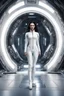 Placeholder: photorealistic slim woman looking like Drusilla with white boots standing at the entrance to a spaceship