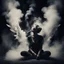 Placeholder: woman sitting forward Her face upward and blows cigarette smoke from their mouth upward. a figure with wings emerging from its back. behind the clouds of smoke look death. dark and mysterious