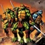 Placeholder: The Teenage Mutant Ninja Turtles confronting the Four Horsemen of the Apocalypse.