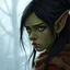 Placeholder: A digital illustration shoot from a portrait camera angle of an orc girl with dull green skin, she is an 9 year old orcish child and has long black hair, Fantasy, ice