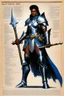 Placeholder: character concept sheet with AD&D statistics and characteristics, [illustration by Jeff Easley] playable class of Grace Jones as a warrior with a large mace and a revealing nickel-plated paladin armor