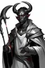 Placeholder: En Young male black skin black hair tiefling Wizard with large horns glowing Silver and White symbols Everywhere on his body. He's wearing silver and White Rope and a silver cloak. His horn a perfectly place on acet from the front to the back pointing upwards with glowing Red cat Eyes holding a quarterstaff. His close is elegant get simple