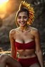 Placeholder: Chiaroscuro lighting, rich, deep colors, create a photorealistic portrait of 18-year-old adult woman, Sebrina Cashwell, with a Native American Indian styled Mohawk hairstyle, and an hourglass figure, wearing a modest red knit string bikini with high-waisted bottoms and a bandeau top, sitting by the Earth in the late afternoon, smiling, natural sunlight casting warm, golden light across her face revealing the texture of her skin, sharp focus on her eyes showing depth, reflection, moisture,