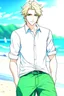 Placeholder: The handsome and perfect portrait is on Spruce Street, anime, blonde-haired and green-eyed male character on the beach for the magazine, 8K resolution, high quality, ultra graphics, and detailed with lines.