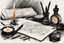 Placeholder: A hand writing a nostalgic letter, pens, an inkwell and a candle, a picture in shades of black, painted with crayon, high quality details