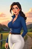 Placeholder: In a realistic, non-anime, vintage cartoon style: Bust shot of 35-year old, chubby Scandinavian dark-haired mansion owner lady with green eyes and very thick lips, wearing equestrian attire with tight white pants and blue, tight-fit jacket, posing in Bavarian countryside with mountains visible in sunrise.