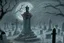 Placeholder: Cemetery with a ghostly figure looming over the scene, hauntingly beautiful, intricately detailed, monochromatic color scheme, dark and ominous