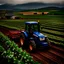 Placeholder: A farmer wearing denim overalls and wearing black rubber boots is plowing an agricultural field with a tractor, in the background hills of vineyards, a forest and a large barn, cloudy sky, lunch time, outdoor shot, cinematic, 12K, 1024X1026 pixelowers,types of flowers with name