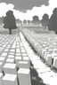 Placeholder: landscape, open air flat cemetery with thousand gravestones, high detail, manga style, grayscale