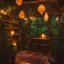 Placeholder: A cozy, comfortable and quaint jungle room, with lots of tropical plants. There are plants hanging from the ceiling, plants on shelves and plants on the floor. There'a a comfortable place to sit and a small table. There is salt rock lamps and twinkling lights dangling around. There are some windows and the lighting is warm and calming