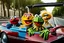 Placeholder: World Class Photograph of 3 Sesame Street muppets sitting in a convertible car and smiling on their road trip - one is Kermit the Frog, one is Cookie Monster, and one Looks exactly like Donald Trump