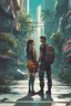 Placeholder: Science fiction, cyberpunk, city street, couple girl and guy, together, love at first sight, forbidden love, facing forward, tropical, lush