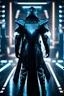 Placeholder: cyberpunk, neon blue, floating triangle of light behind the back, cyber armor, geometric patterns on an armor, male, orbiting triangle