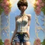 Placeholder: realistic photo 33-year-old delicate graceful damsel pixie Russian boyish boylike damsel short male hairstyle short brown hair shorthair boy's face womans beautiful cleavage in women's lace ripped jeans with a lace mesh with a girlish flowers pattern and a strap with girlish buckle with rhinestones that fit wide hips high heels with a very thin waist and big ass with a lady's fashion handbag in the new year girls party