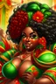 Placeholder: Create a digital airbrush cartoon of a plus size African American female wearing carnival outfit that's red, black and green. Prominent make up with hazel eyes. Highly detailed very long extremely curly black hair. Her skin is smooth and silky. Background of a judge full of colorful flowers