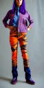 Placeholder: Model, woman. sérigraphie on denim with orange,terracotta, cream and purple colors. Camouflage patterns are screen printed on denim. Woman in her 30's. thick thighs, thick calves, flat belly, wide hip. Mantle made of recycled Denim by sewing. Sewed camouflage patterns together. It is with big bright purple felt tippet and cream-colored-hood. mantle is merged with satchel. . AKG-style headphones (gold rings!) is merged with small felt cap with small visor. Style: Haute Couture in 1990's