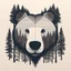 Placeholder: M shaped bear head combined with lots of woods silhouette in background, letterpress style, minimalistic pencil art