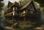 Placeholder: large medieval gothic, wooden inn, with a balcony, next to a sloping, cobbled road, in a wood, dense foliage, photo-realistic