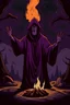Placeholder: A hooded, dark purple robe wearing, cult member looking at the camera with both his arms raised equally in communal prayer standing behind a campfire in cartoon