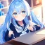 Placeholder: Clear focus, High resolution, long fluffy light blue hair, hair between eyes, long locks, wearing a sailor uniform, wearing a sailor skirt, long black socks, 1girl, cartoon, cute, UNFOTABLE studio